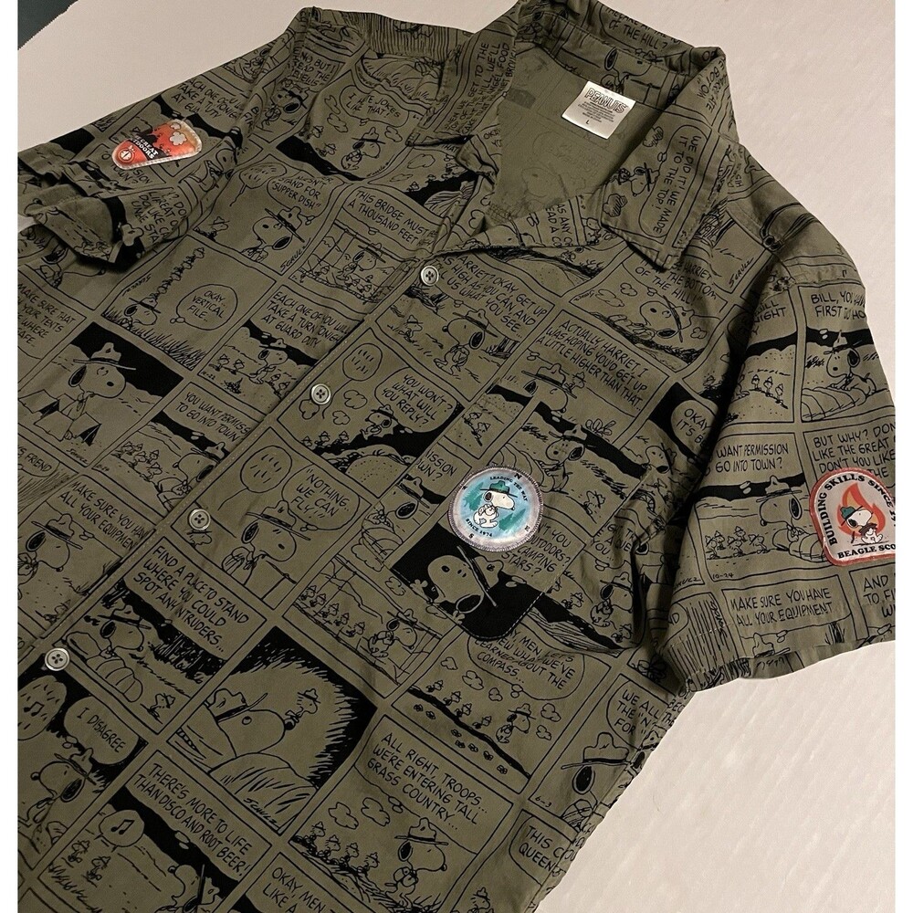 NEW Peanuts Snoopy Beagle Scouts All Over Comic Print Button Ranger Shirt LARGE